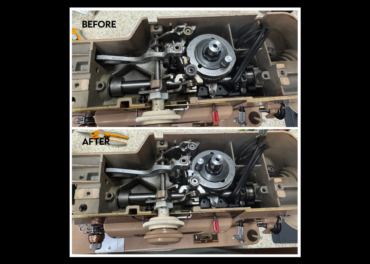 A before-and-after comparison of a vintage sewing machine's internal mechanism, showing a detailed view of the metal gears, rods, and leather drive belt. The top image is labeled 'BEFORE' and appears dusty and worn, while the bottom image is labeled 'AFTER' and appears significantly cleaner, brighter, and more polished.